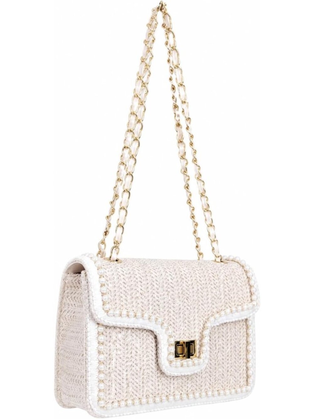 Woven Straw Crossbody Bag for Women with Pearl Flap Trim, Summer Shoulder Purse,